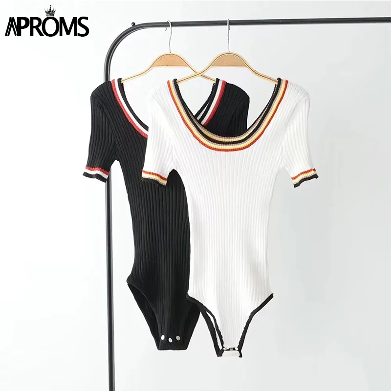 Aproms Colorful Striped Knitted Bodysuits Women Casual Sleeveless Slim Bodycon Rompers Streetwear Jumpsuit Overalls Knitting Top