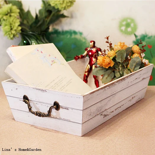 Shabby Vintage White Antique Wooden Storage Box with Handlesin Storage
