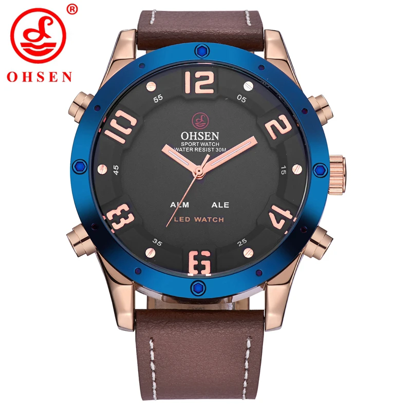 

OHSEN LED Digital Dual Display Men Watches Auto Date Week Leather Wristwatches Fashion Casual Multifunction Male Montres AD1708