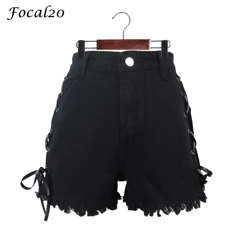 Focal20 Streetwear Women Tassels Denim Shorts Ripped Summer Laceup
