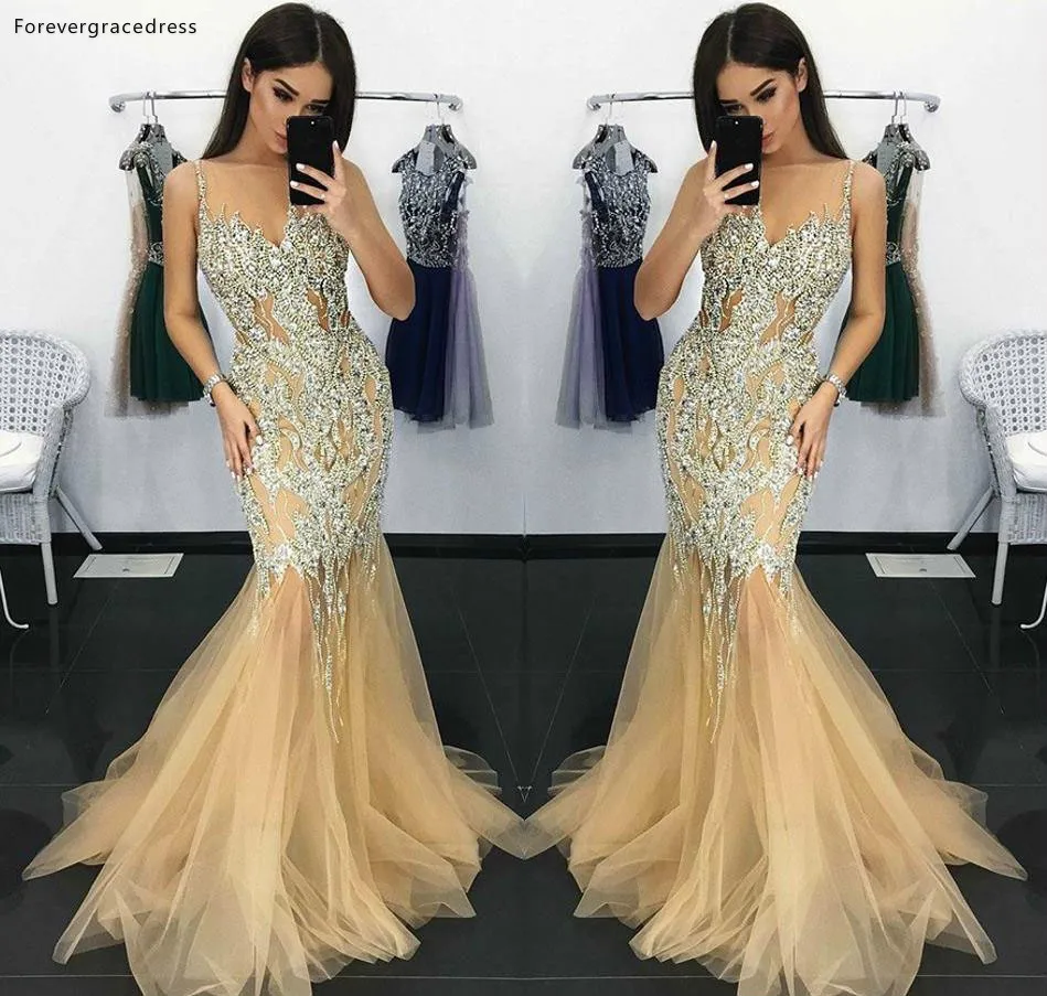 2019 Champagne With Silver Beads Sequins Prom Dresses Sexy Spaghetti Straps Mermaid Tulle Skirt Evening Gowns Custom Made  159