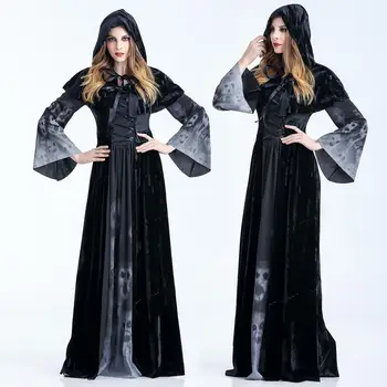 

Halloween Gothic Witch Dress Ghost Skull Print Devil Black Floor Length Fancy Party Dress For Women Winter Halloween Party Dress