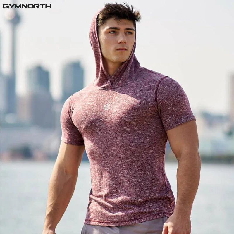 Skup GYMNORTH marka męska koszulka kompresyjna z krótkim rękawem koszulka z kapturem siłownie odzież fitness jednokolorowa koszulka męska Quick Dry