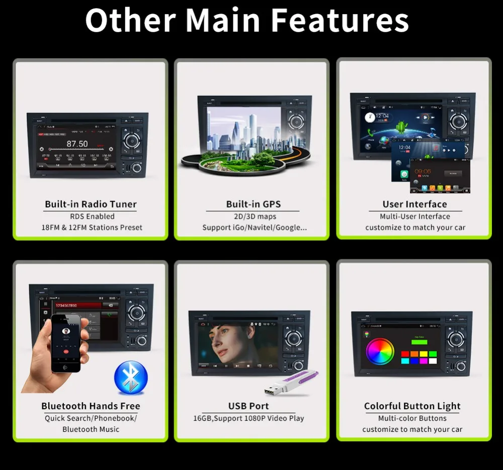 Perfect Quad Core 7 inch Android 7.1 Car DVD Player For Audi A4 2003-2008 Touchscreen Audio Bluetooth In Dash Car Stereo GPS Navigation 5