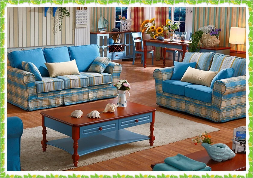 Fashion Mediterranean sofa sea blue cotton set sofa hot sellingin