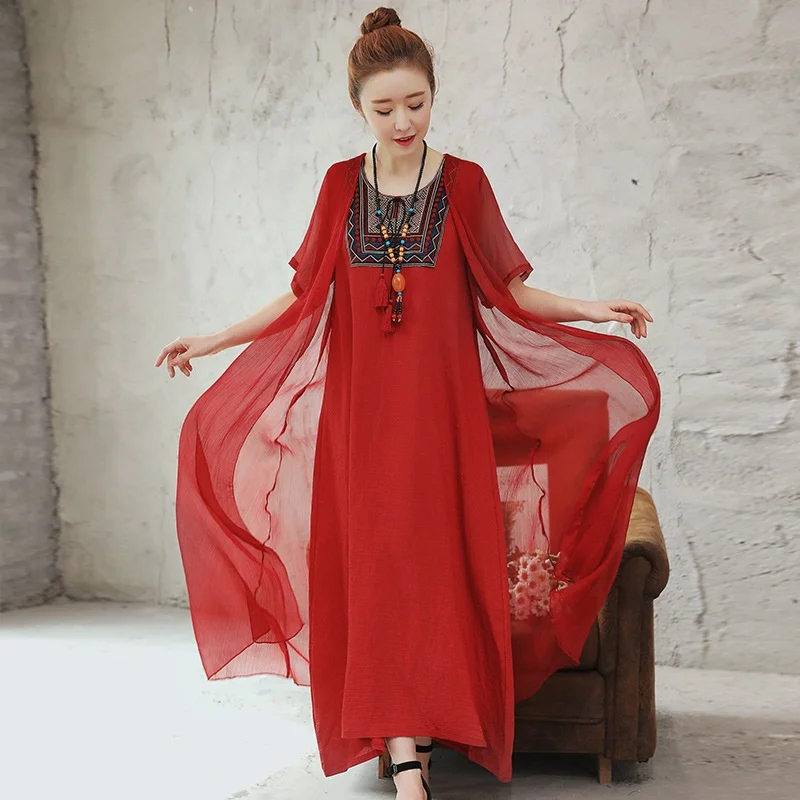 Женское платье в винтажном стиле, коллекция года, летние платья, свободные макси платья из двух частей с вышивкой в стиле ретро, женские элегантные китайские платья TA1534