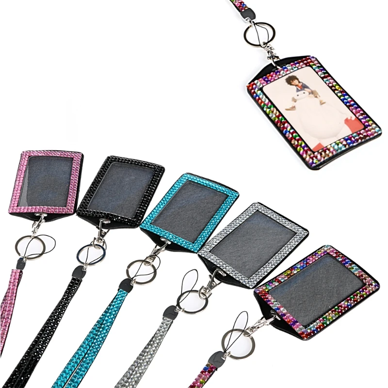 

Rhinestone Retractable Business ID Badge Lanyard Name Tag Key Photo Card Holder Belt Clip Necklace New Resin Crytal Bling