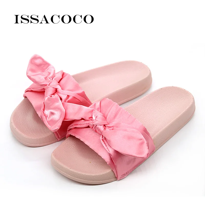 

ISSACOCO Women's Summer Solid PVC Flat Indoor Non-slip Slippers Women's Silk Butterfly-knot Home Slippers Beach Slippers Pantufa