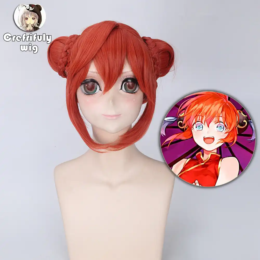 Anime Gintama Kagura Orange Red Short Cosplay Wig With Double Buns Synthetic Hair Wigs For Women Halloween Costume Party