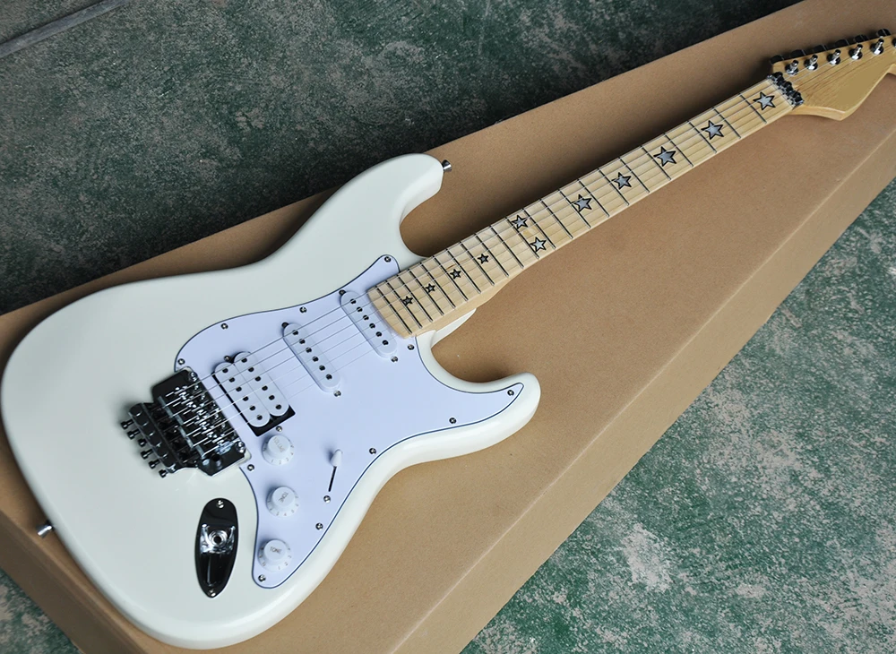 

Wholesale white electric guitar with tremolo,Maple fretboard with star inlay,SSH pickups,White pickguard,Can be customized