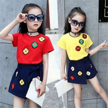

2019 New Summer Casual Children Sets Flowers Girls Clothing Sets Kids Girl Suit 4-15T Toddler Teenage O-Neck Flowers Outerwear