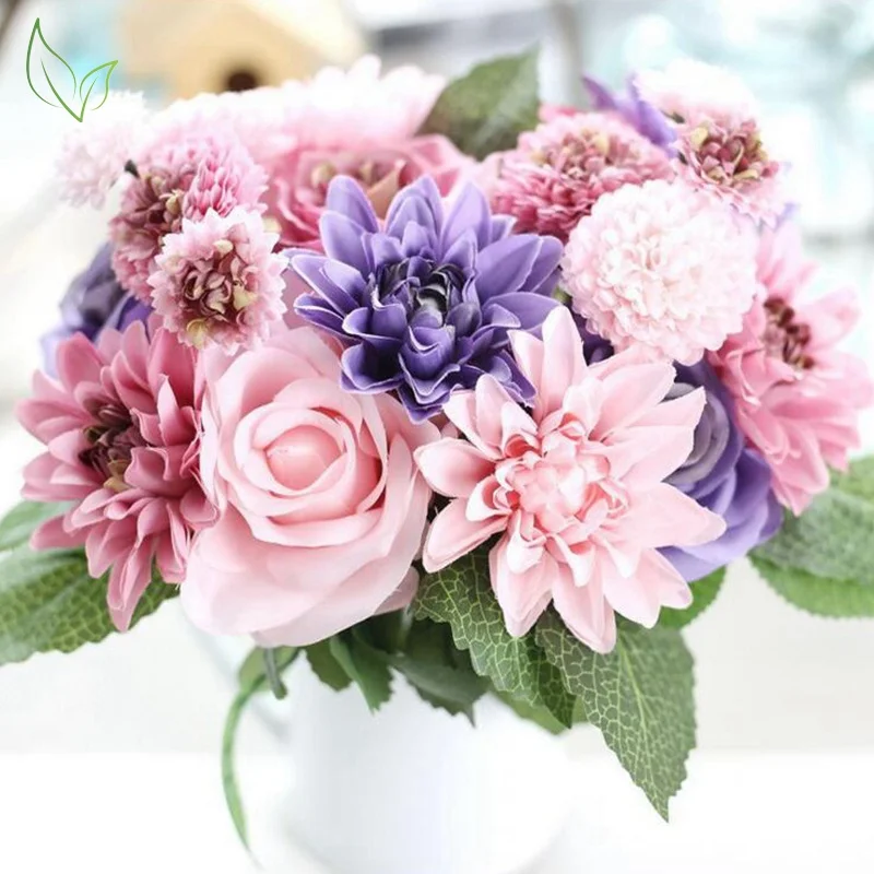 

Silk flower wedding bouquet roses dahlias artificial flowers autumn vivid fake leaf wedding flowers bouquets for home decoration