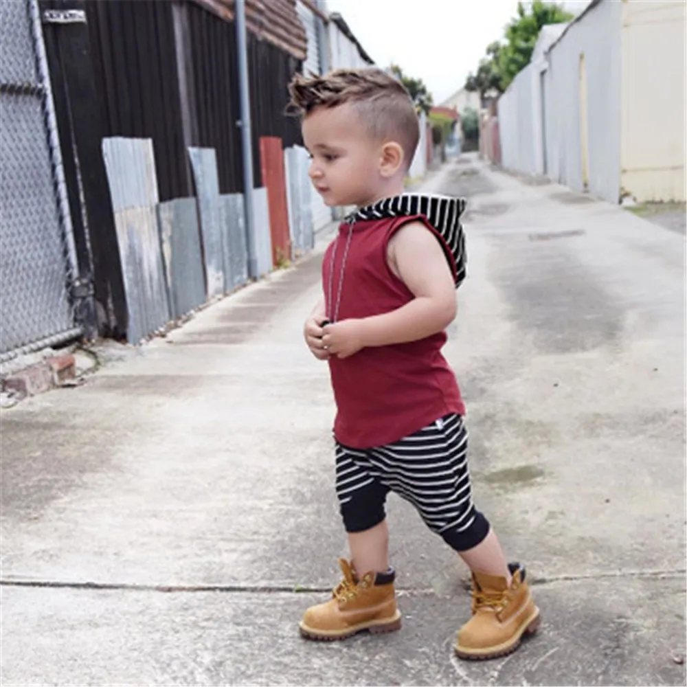 

Children's Sets Clothing 2 pc/set Kids Boy Summer Cotton Hooded Vest Top+Short Pants Outfits Set Clothes Sleeveless 0-4Y Baby