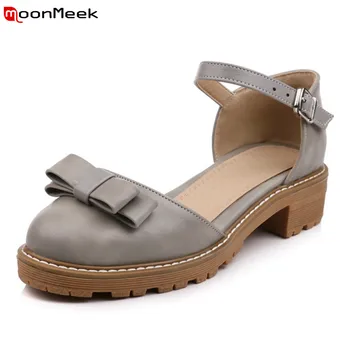 

MoonMeek spring autumn platform shoes med heel with butterfly knot buckle round toe square heels sweet pumps women shoes