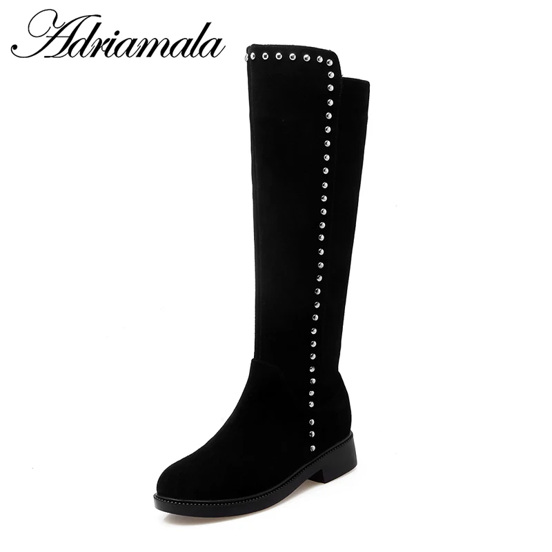 

2018 Genuine Leather Women Knee High Boots Knee-high Basic Zipper Square Heel Cow Leather Black Knee High Women Boots Adriamala