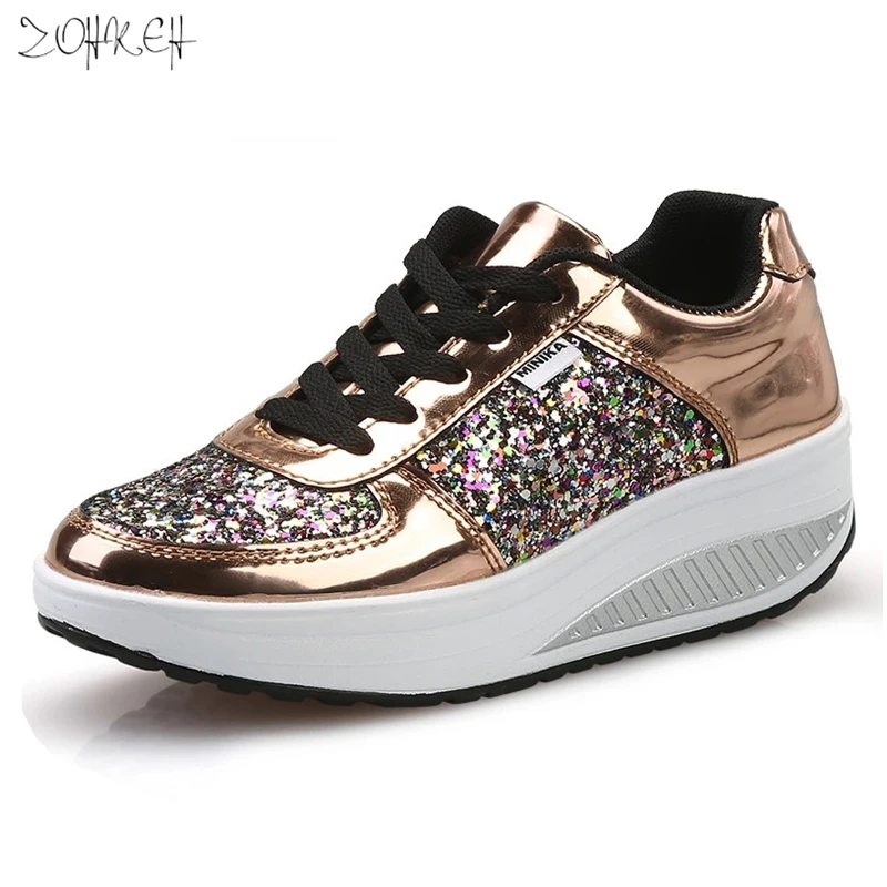 

2019 Leather Gold Silver Sequins Women Sneakers White Glitter Shoes Ladies Fashion Wedge Women Shoes Bling Casual Tenis Feminino