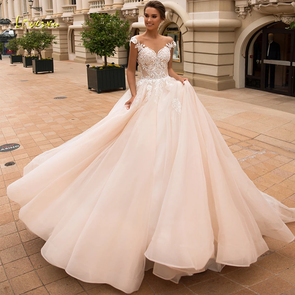 

Loverxu Chic Scoop Ball Gown Wedding Dress Graceful Appliques Cap Sleeve Backless Bride Dress Chapel Train Bridal Gown Plus Size