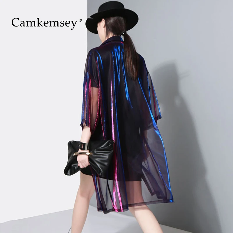 

CamKemsey Transparent Mesh Trench Coat For Women Casual Lapel Collar Three Quarter Sleeve Long Summer Sunscreen Coat Women