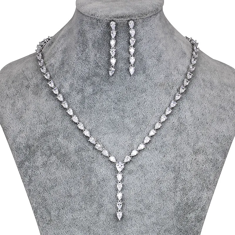 

Elegant Long Teardrop Sparkling Cubic Zirconia Crystal Necklace Earrings Bridal Jewelry Sets in Silver or Gold Colors