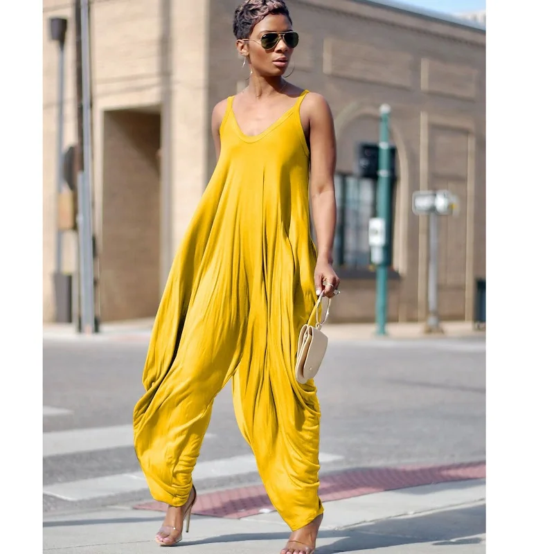 

Casual Loose Harem Jumpsuit mono mujer black Summer spring woman jumpsuit wide pant Women v neck sleeveless yellow jumpsuit
