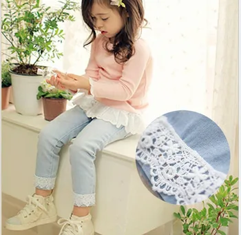 

2017 New arrival Spring Girls Jeans With Ruffles Casual Pants for Girl pencil Denim pants Lovely Long Trousers