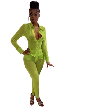 

Spring Summer Women Two Piece Set Top and Pants Plus Size Outfits Tracksuit Sweatsuit Outfit Mesh Blouse Long Pants Sets