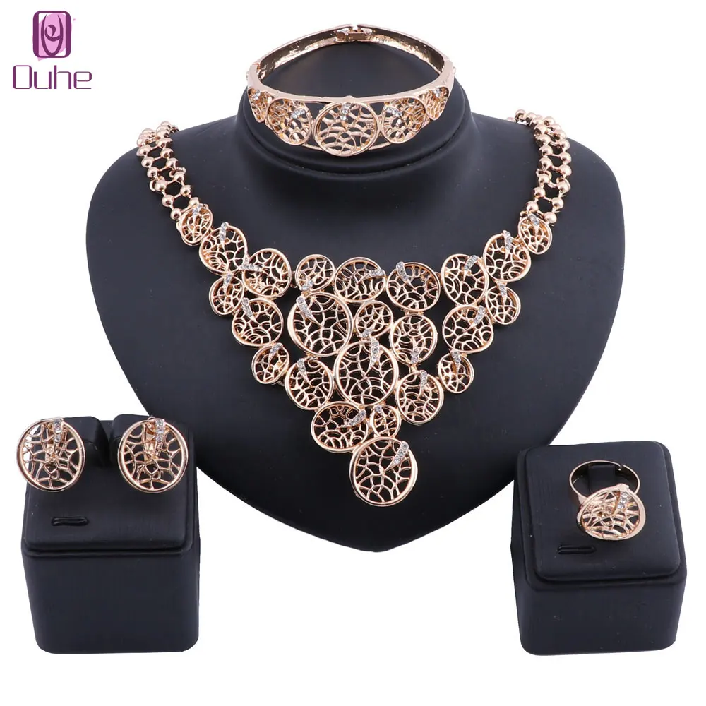 

Dubai Gold Color Crystal Necklace Ring Bangle Jewelry Set Women Costumer Nigerian Wedding Party African Beads Jewelry Set