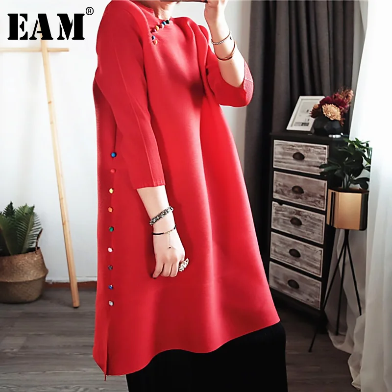 

[EAM] 2019 New Spring Summer Round Neck Short Three-quarter Sleeve Button Stitch Pleated Loose Women Fashion Tide JW849