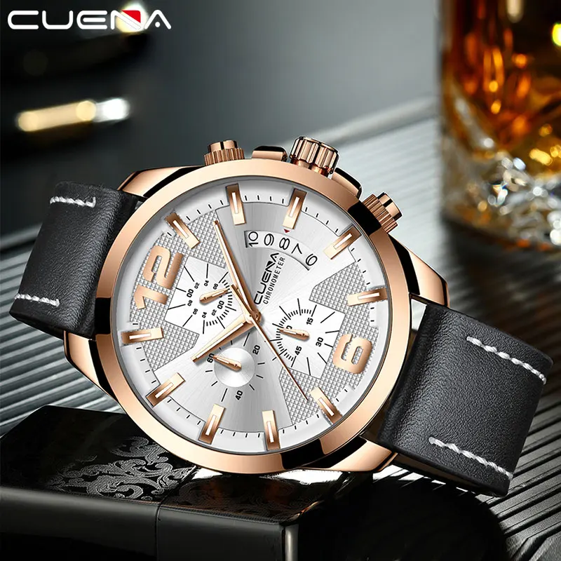 CUENA Quartz Watches Men Stopwatch Luminous Hands Genuine Leather Strap 30M Waterproof Sport Clock Men's Wristwatch Male Clock CUENA Quartz Watches Men Stopwatch Luminous Hands Genuine Leather Strap 30M Waterproof Sport Clock Men's Wristwatch Male Clock