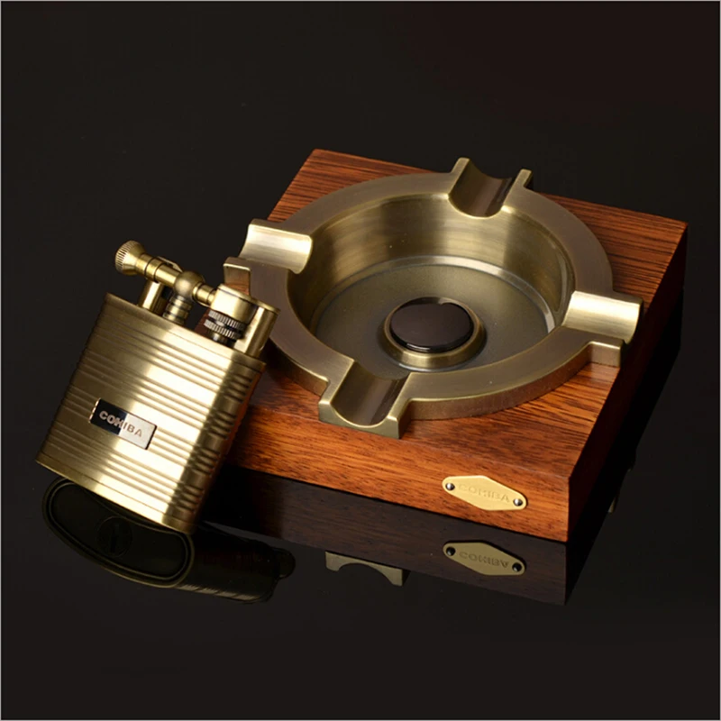 

Windproof Gas Pulse Lighter Metal Cigar Ashtray with Flintstone Cigar Accessories Set Gift Box