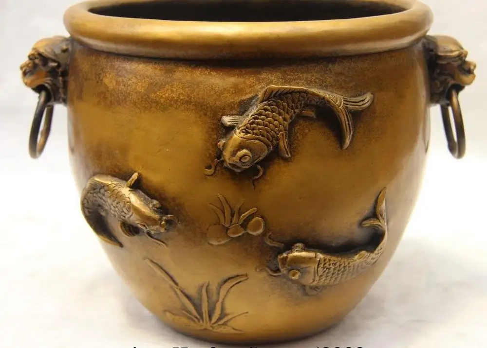 

China Bronze Copper Decoration Fish Carp Foo Dog Lion Ear Tank Crock kettle Pot