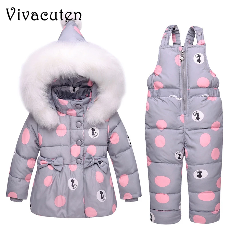 

New Winter Girls Warm Clothing Sets Fur Hooded Jacket Toddler Dot White Dark Down Coat Trousers Waterproof Warm Snowsuit Clothes