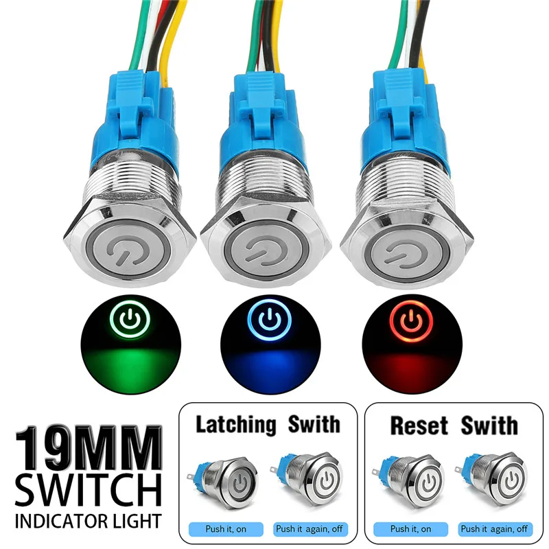 

12V 24V 19mm Metal LED 5Pin Push Button Switch Wire Connector Latching switch Reset switch 4A Waterproof IP67