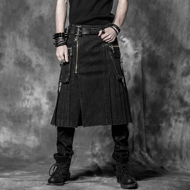 2020 New men LGB fashion Gothic Scottish Black Denim Skirt Expedited shipping 