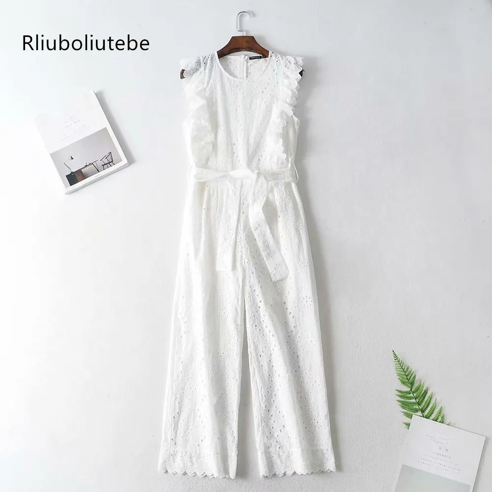 

ruffles lace white summer jumpsuit women hollow out overalls rompers sleeveless with belt bow elegant womens jumpsuit lady