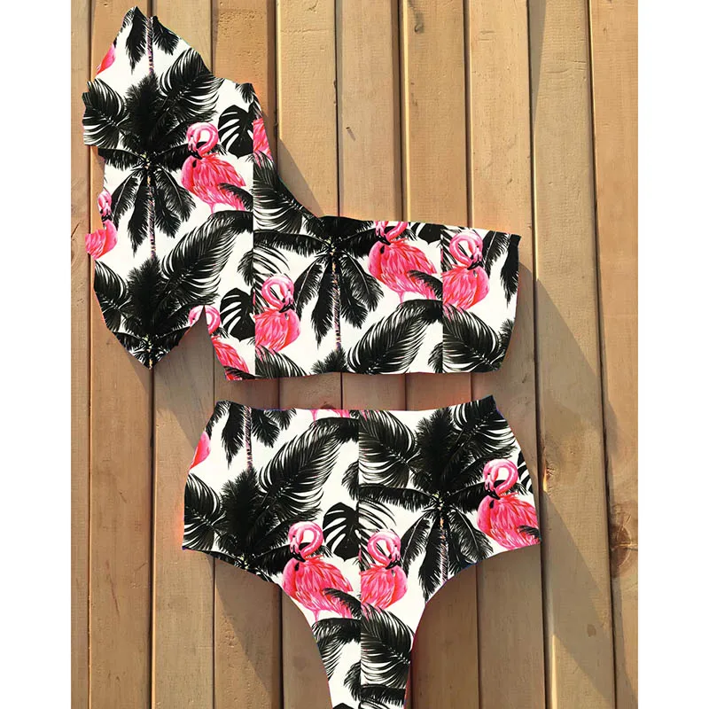 FREE SHIPPING New Sexy One Shoulder Bikinis Women Swimsuit Ruffle Swimwear High Waist Bathing Suits Beach Wear Biquini Female JKP2781