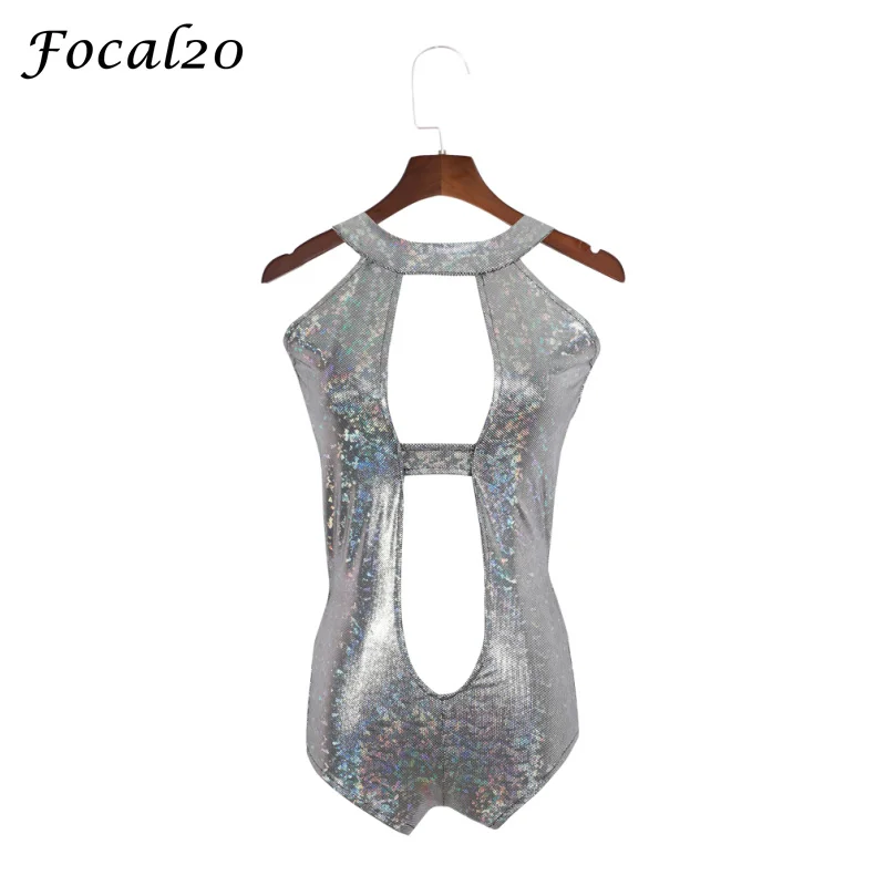 

Focal20 Sexy Holographic Women Bodysuit Deep V-neck Backless Bling Bling Laser Bodysuit Women Shiny Party Jumpsuit