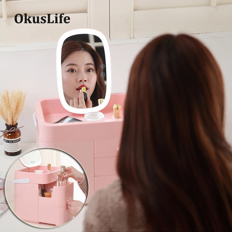

Portable With USB LED Mirror Make Up Cosmetic Box Dust Cover Box Organizer Drawers Plastic Storage Box Jewelry Container Indoor