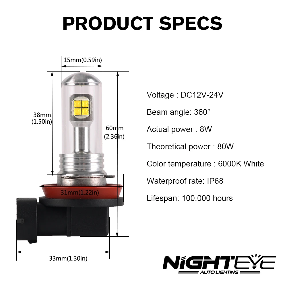 Nighteye H1 H3 H4 H7 H11 H16 880 9005 9006 80 Вт с светодиодный свет 1500lm противотуманных фар хвост для вождения лампы фары 2 шт