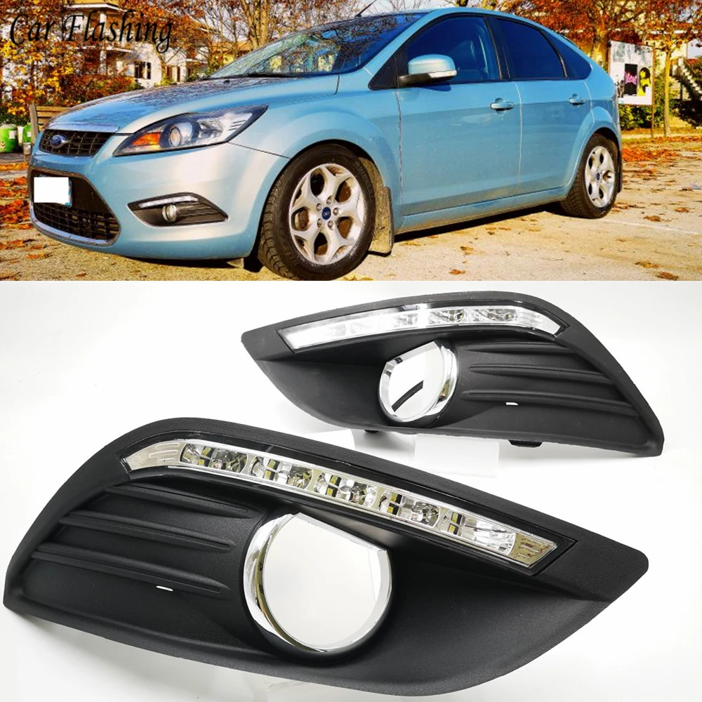 

Car styling 1Pair For Ford Focus Sedan LED DRL Daytime Running Lights LED Daylight Fog light with Yellow turn signal