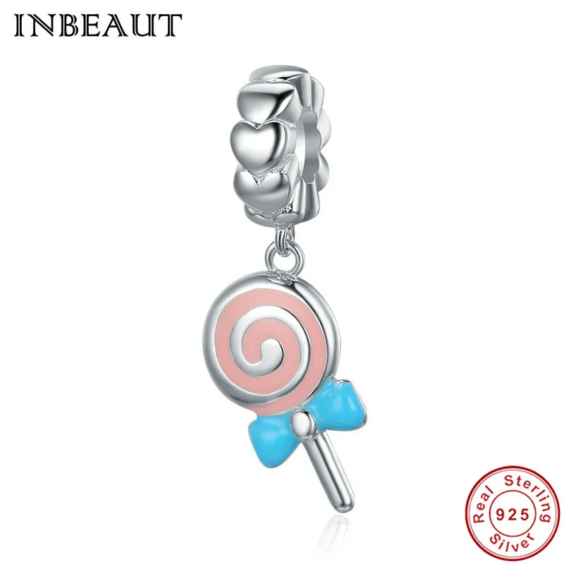 

INBEAUT Hot 925 Sterling Silver Cute Pink Blue Enamel Fun Lollipop Pendant Beads fit Pandora Charm Bracelet New DIY Jewelry