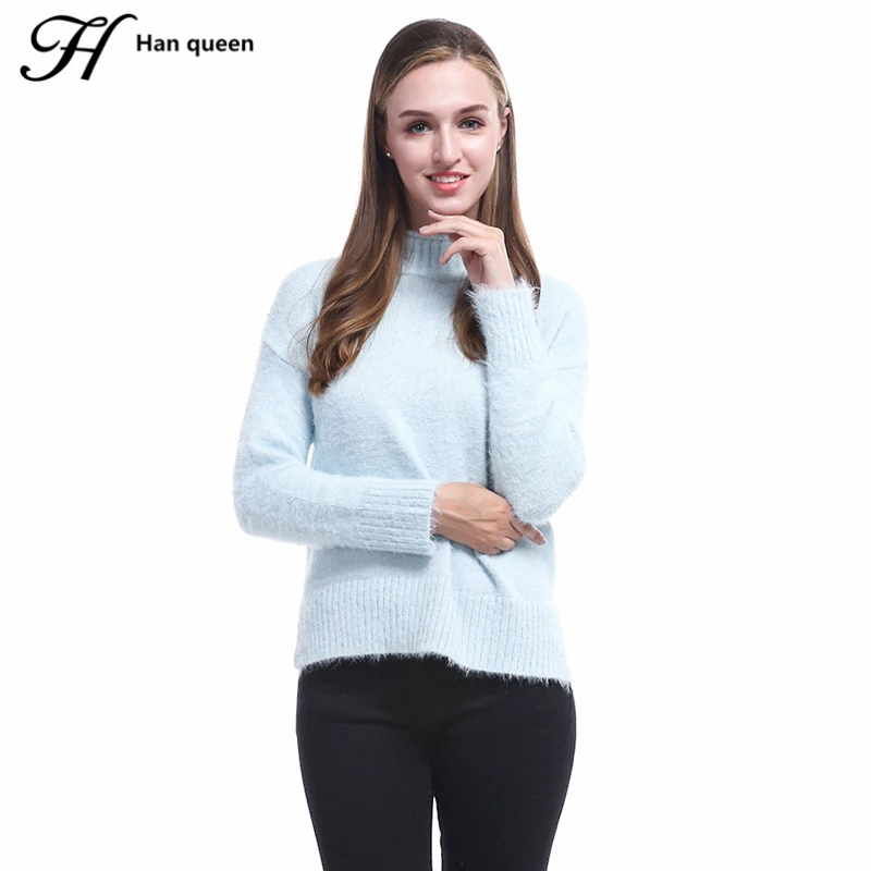 

H Han Queen Pullovers Turtleneck Lady's Sweater Elasticity Long Sleeve Casual Simple Split Loose Mink Cashmere Pullover Women