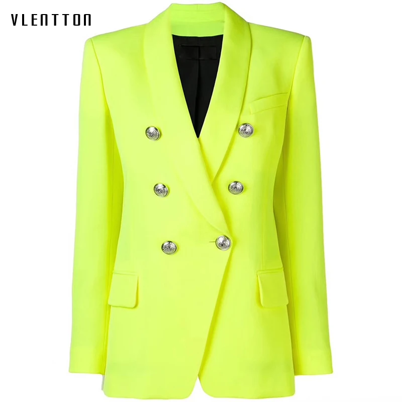 

High Quality 2019 Designer Yellow Women's Jacket Blazer Coat Double Breasted Metal Buttons Long sleeve Office Blazers Outerwear