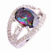 JROSE Classic Wedding Cocktail Party Oval Cut Rainbow & White Topaz Silver Ring Size 7 Free Shipping Onlylove Jewelry Gift