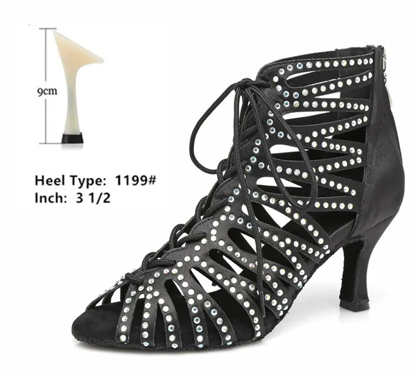 Salsa Dance Boots Black Shining Lace Zipper Opening for Wedding Party Ballroom Social Dancing Glitter Women Sandals Medium 7.5cm - Цвет: black 9cm