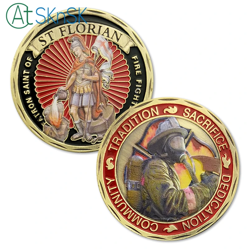 

1PC Sample ST Saint Florian Patron Saint Of Fire Fighters Challenge Coin Tradition Sacrifice Dedication Community US Coins Gift