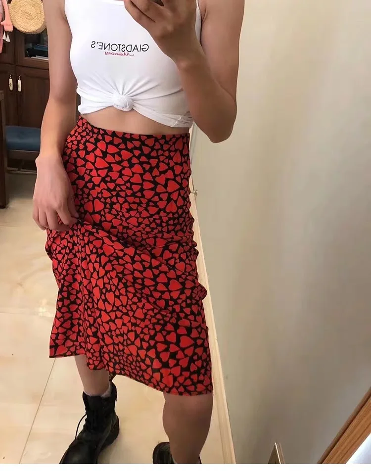 

2019 New Blogger's Retro Red Love Printed Silk Fishtail Half-length Skirt Knee-Length Trumpet / Mermaid Print Skirts Women