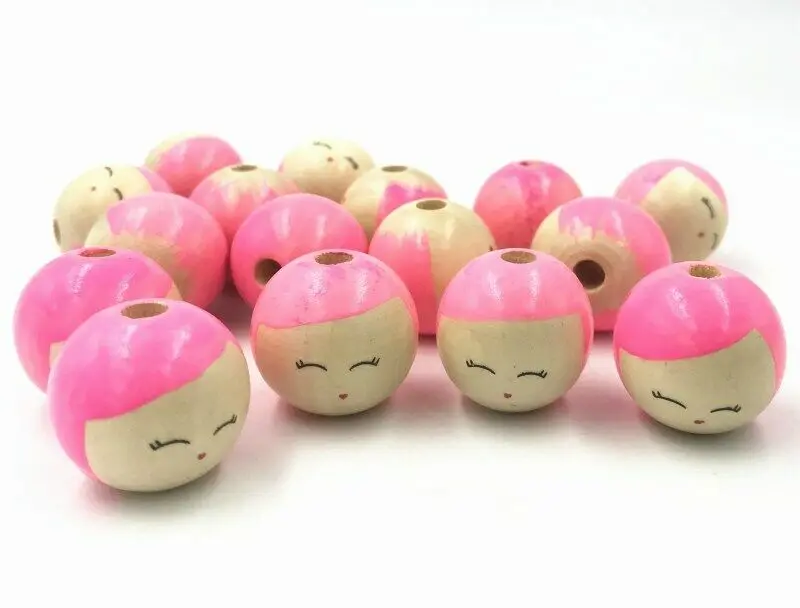 DIY 10PCS Natural Wood Beaded Dolls Smile Round Beads For Baby Pacifier Chain Crafts Bead Diameter 25mm Hole Diameter 5mm