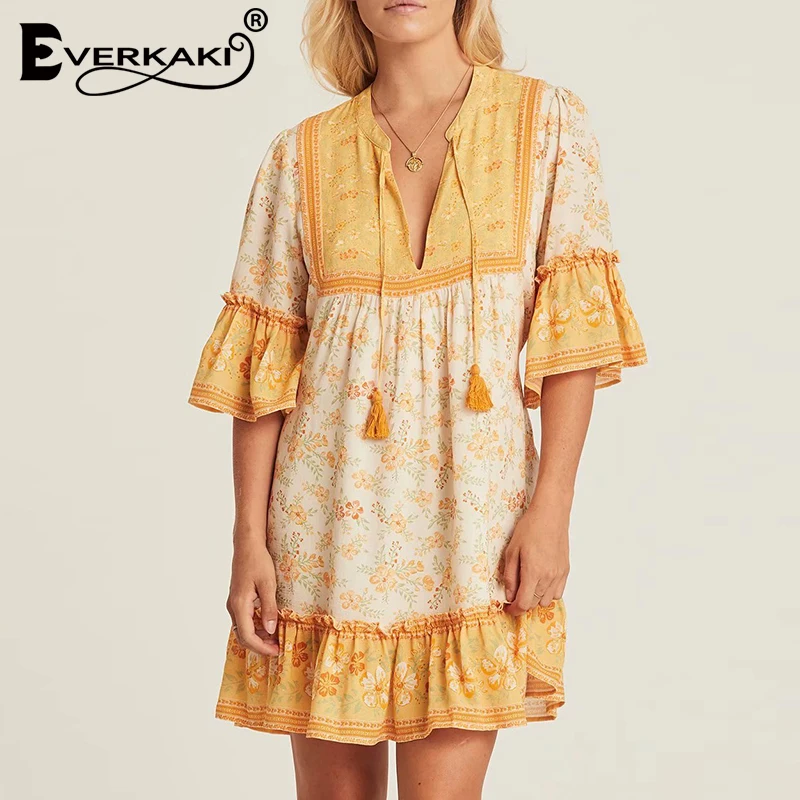 

Everkaki Bohemian Floral Print Mini Dress Women Sashes Tassels V Neck Half Sleeve Boho Women Dresses Female 2019 Summer Autumn