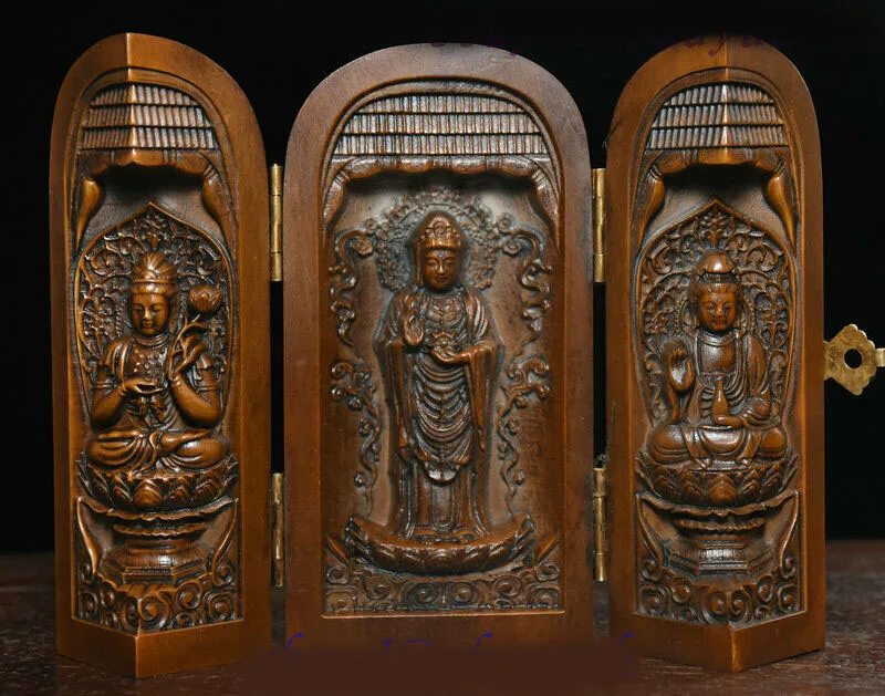 

wedding decoration Old Chinese Boxwood Wood Carving GuanYin Kwanyin Bodhisattva Buddha Statue Box